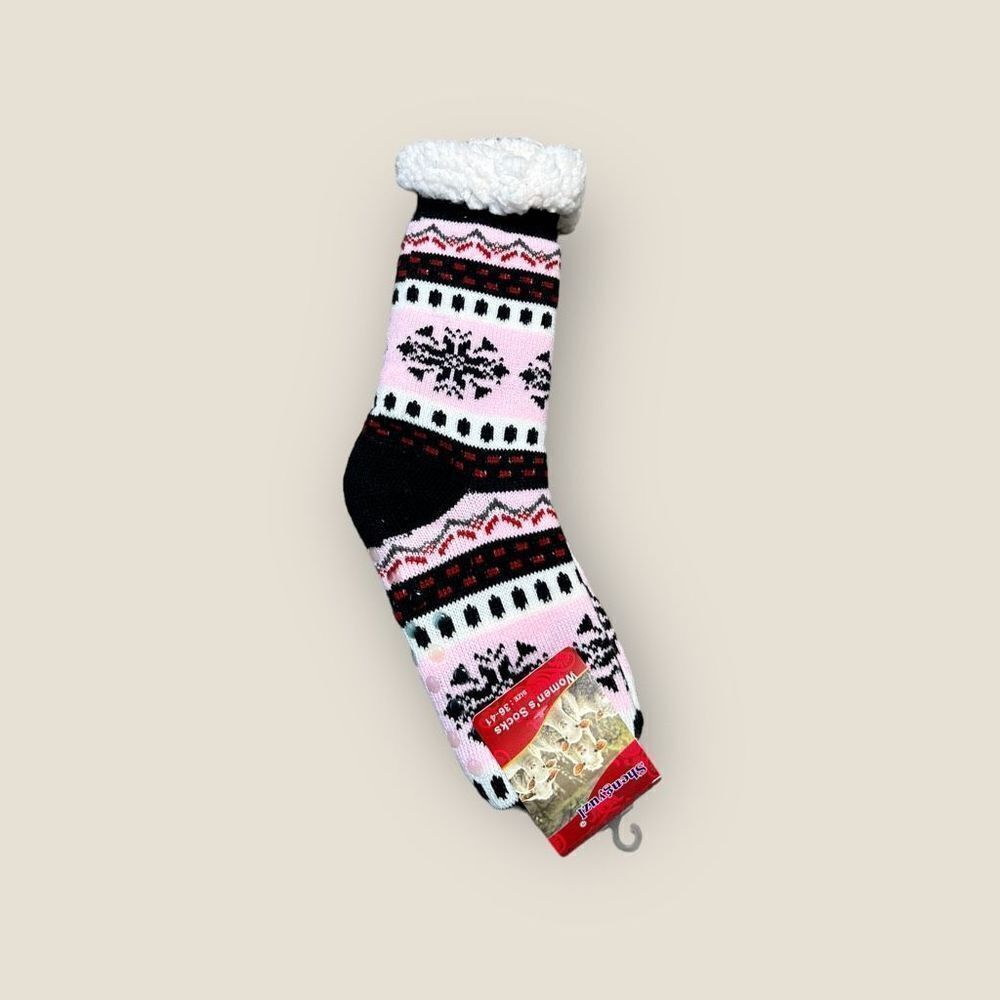 Sherpa Lined Pink Holiday Print Cozy Slipper Socks